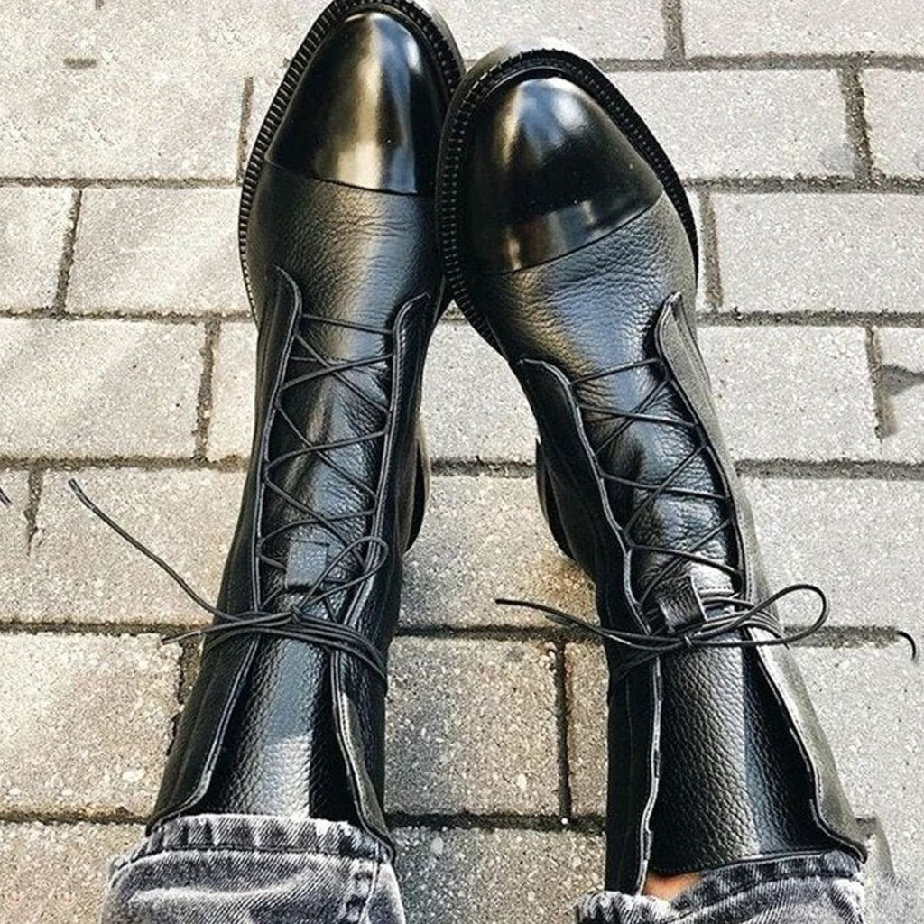 Women's Classic Lace-Up Leather Ankle Boots - Black