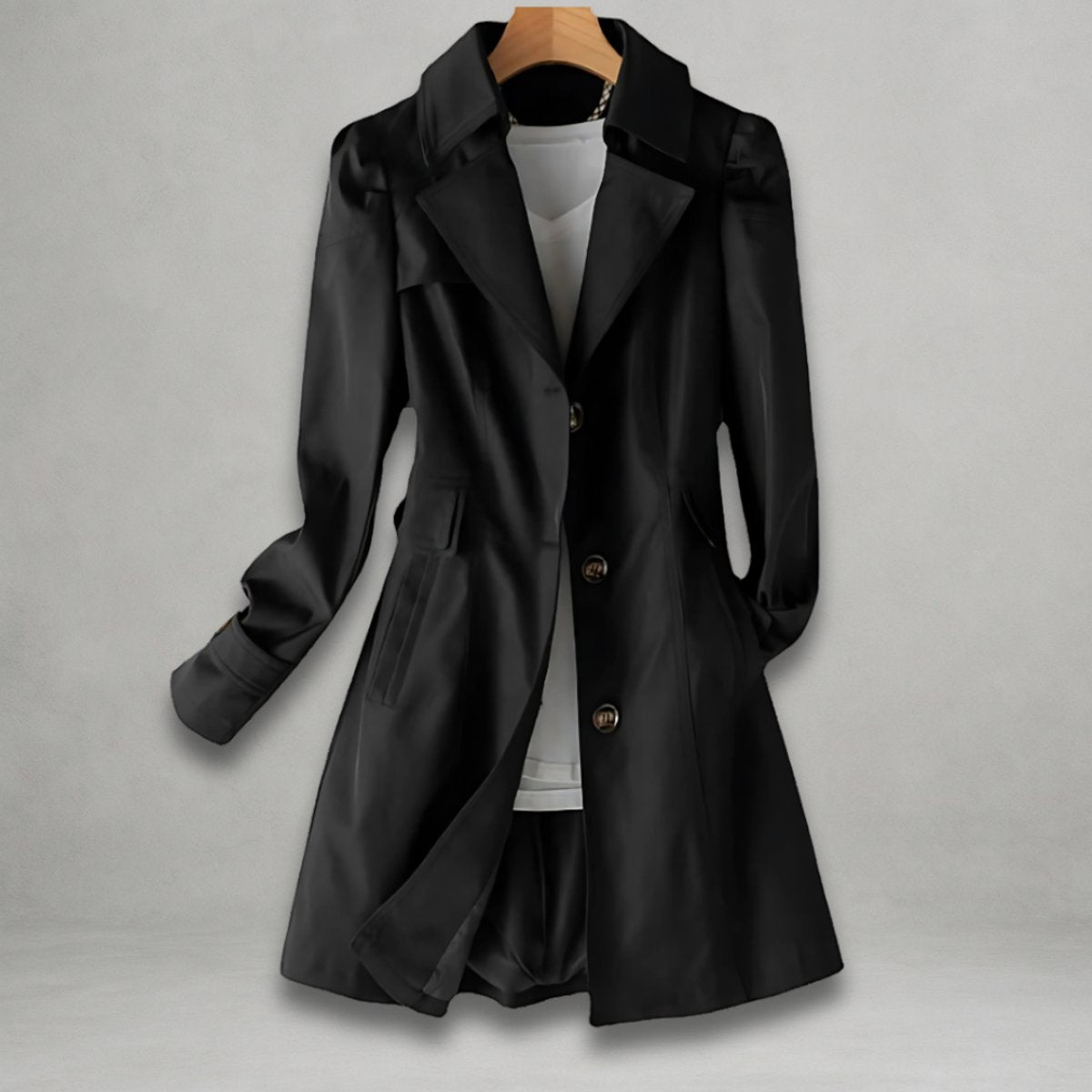 Women's Classic Single-Breasted Trench Coat Notch Lapel - Black