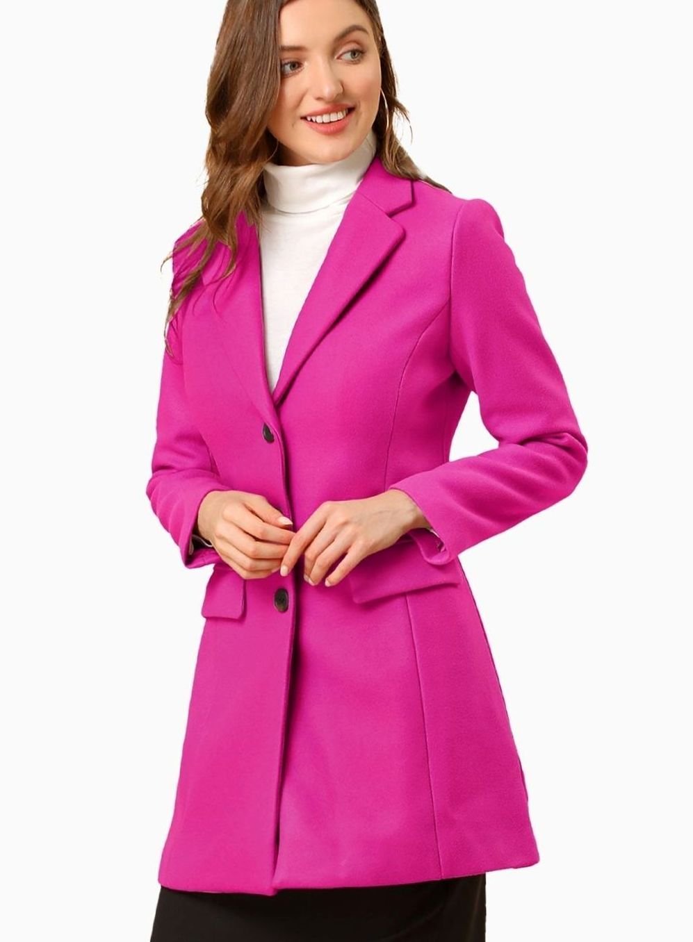 Women's Classic Wool-Blend Tailored Lapel Coat - Bright Pink