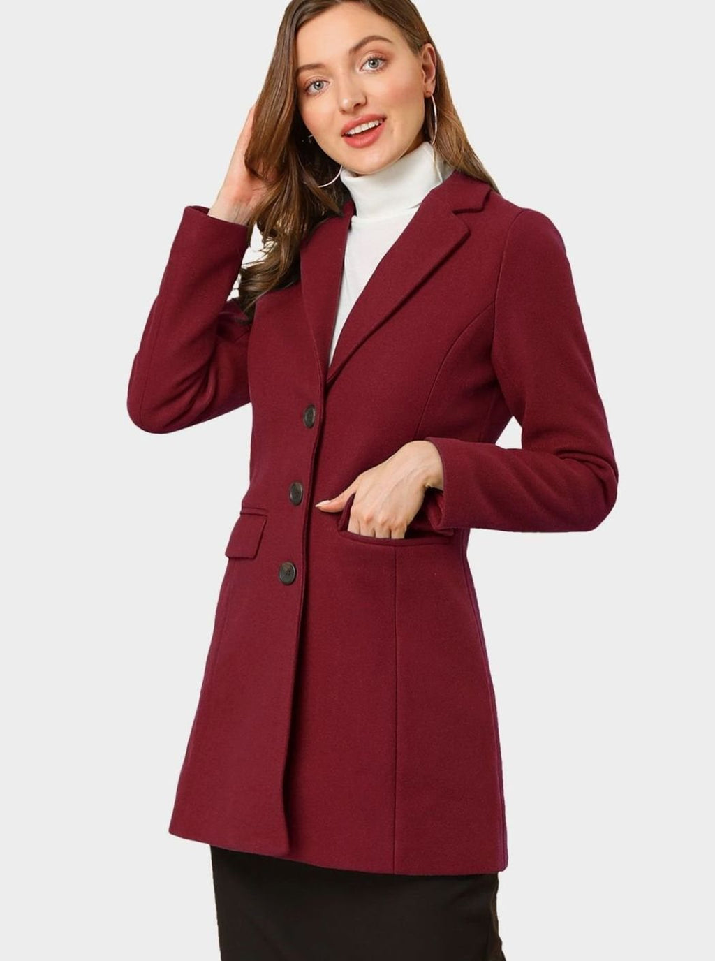 Women's Classic Wool-Blend Tailored Lapel Coat - Burgundy