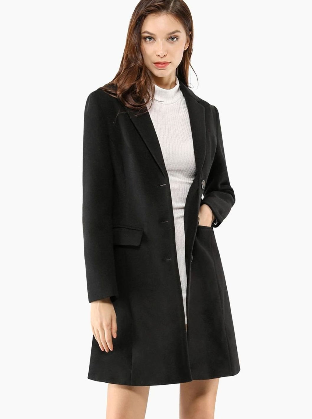 Women's Classic Wool-Blend Tailored Lapel Coat - Black