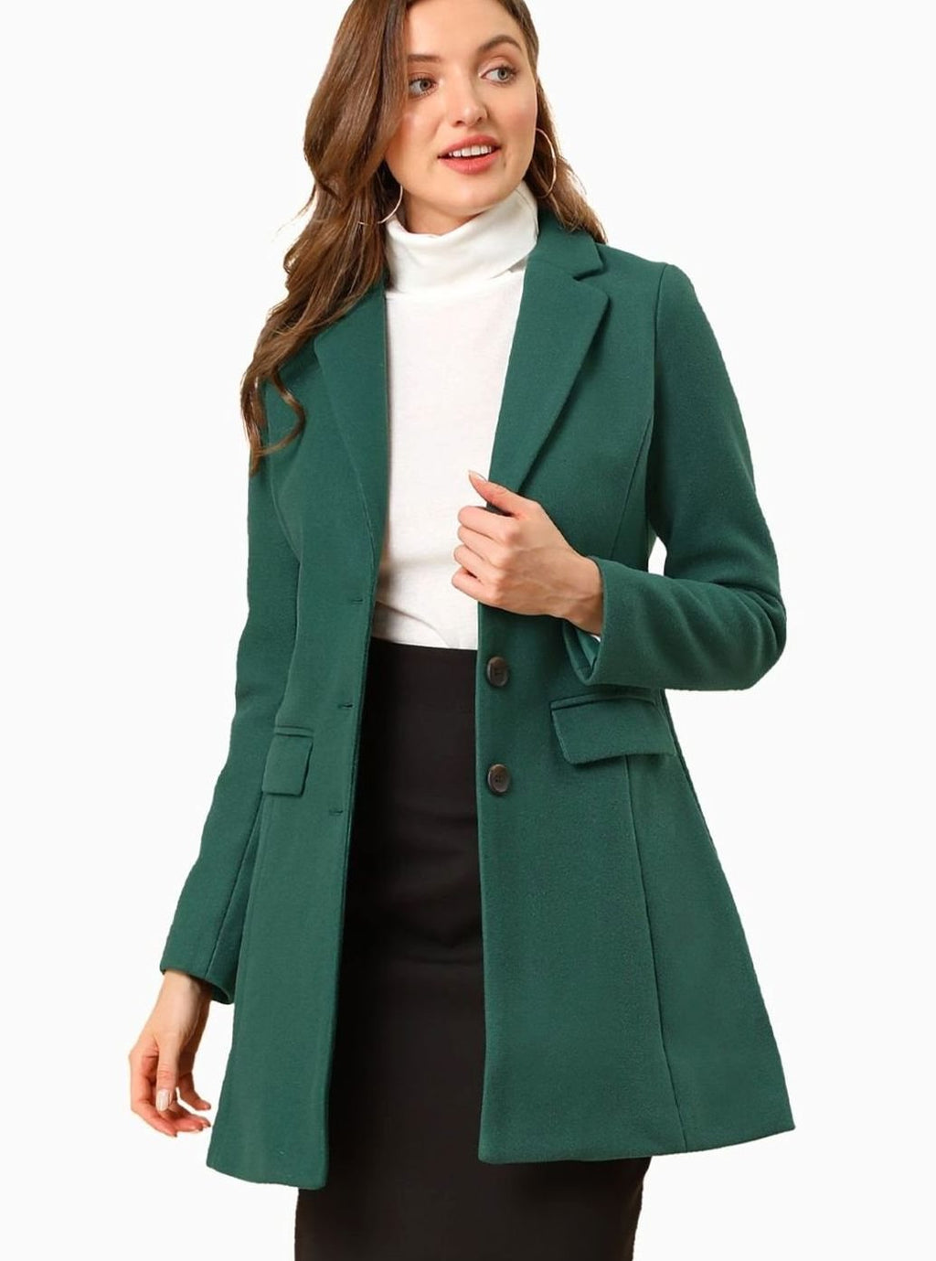 Women's Classic Wool-Blend Tailored Lapel Coat - Green