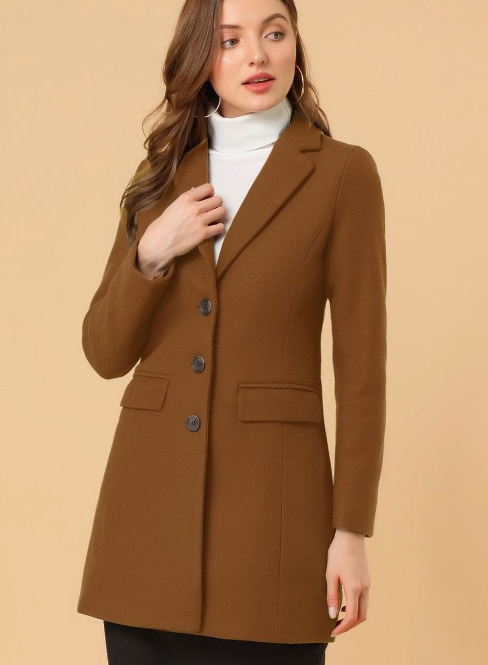 Women's Classic Wool-Blend Tailored Lapel Coat - Dark Brown
