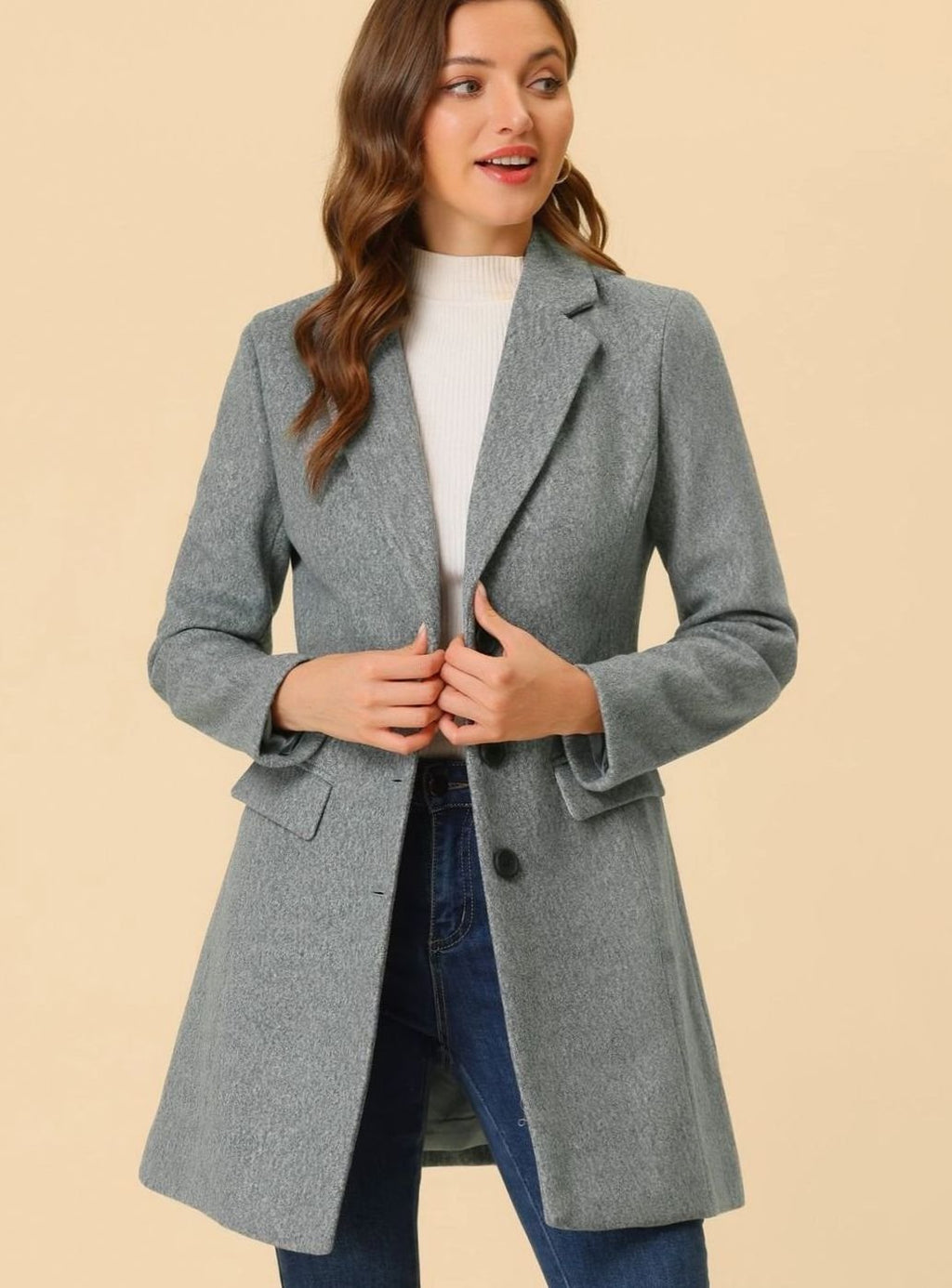 Women's Classic Wool-Blend Tailored Lapel Coat - Light Grey
