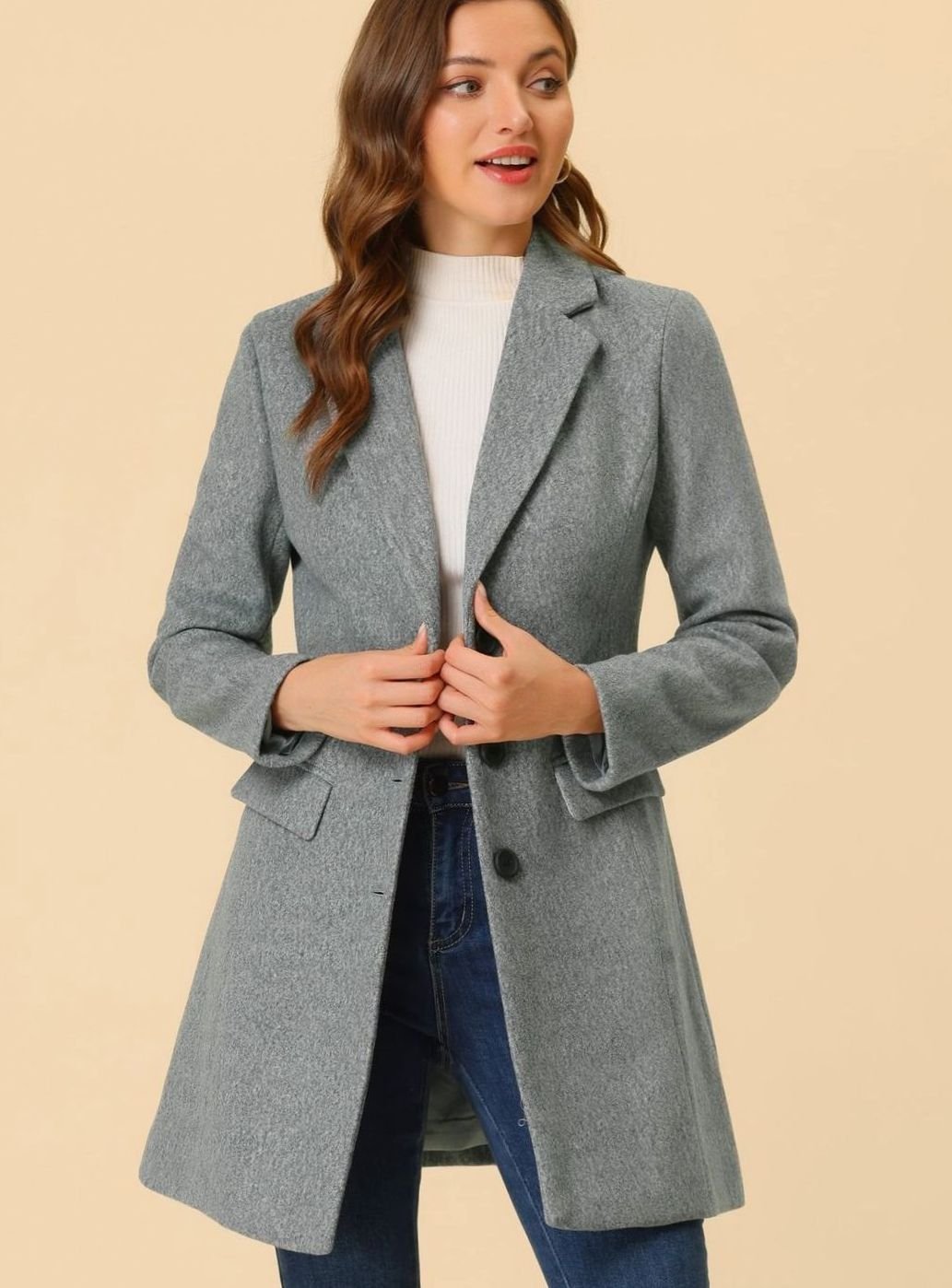 Women's Classic Wool-Blend Tailored Lapel Coat - Light Grey