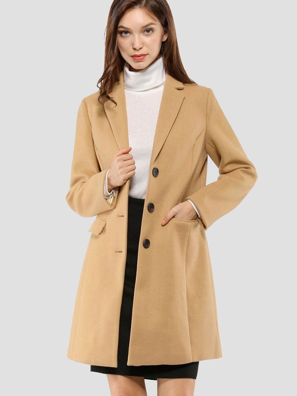 Women's Classic Wool-Blend Tailored Lapel Coat - Brown