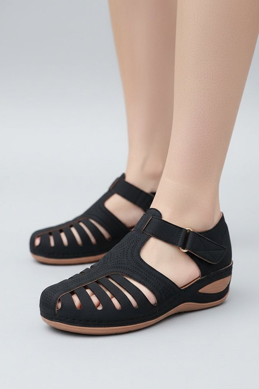 Women's Closed-Toe Cushioned Velcro Strap Comfort Wedge Sandals - Black