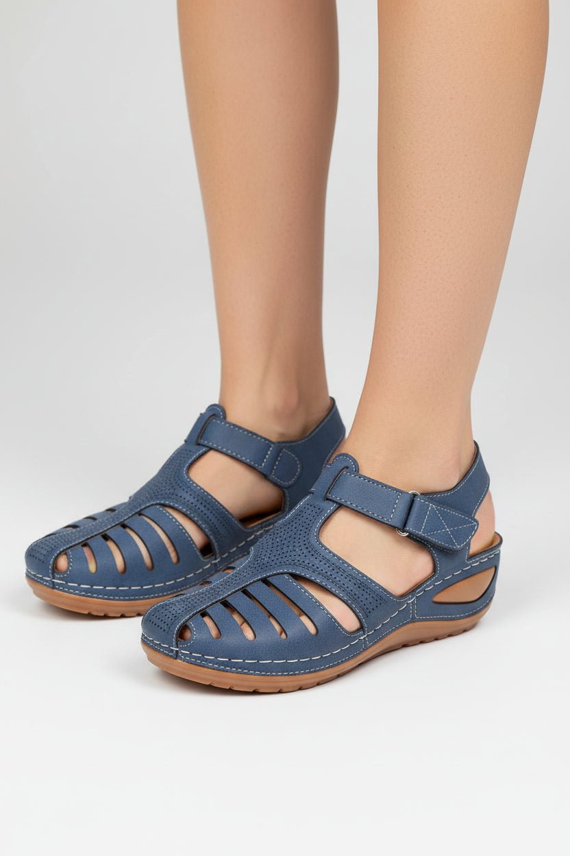 Women's Closed-Toe Cushioned Velcro Strap Comfort Wedge Sandals - Blue
