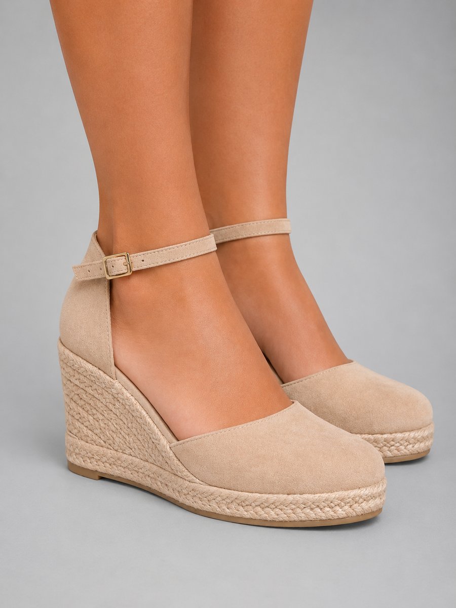 Women's Closed-Toe Espadrille Wedge Sandals Ankle Strap - Beige