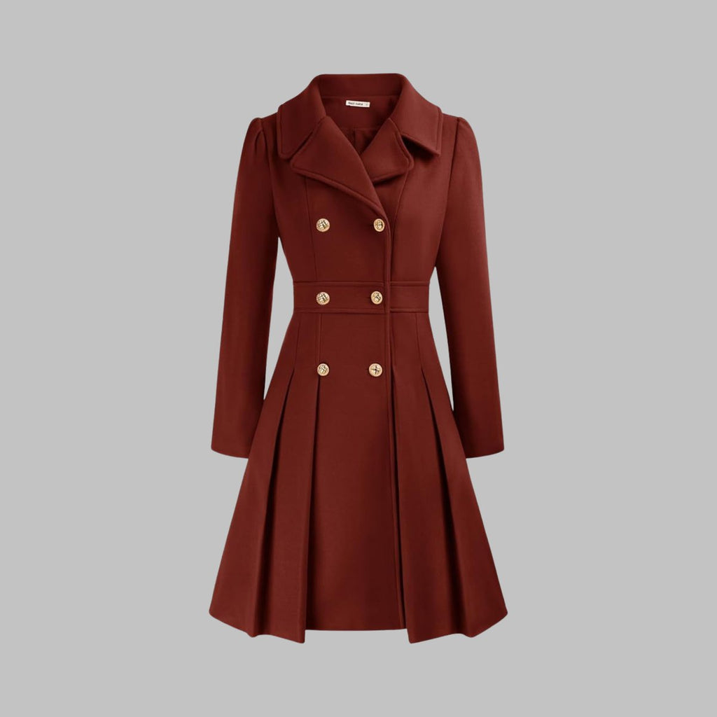 Women's Coat Double-Breasted Pleated A-Line Long Sleeve - Red