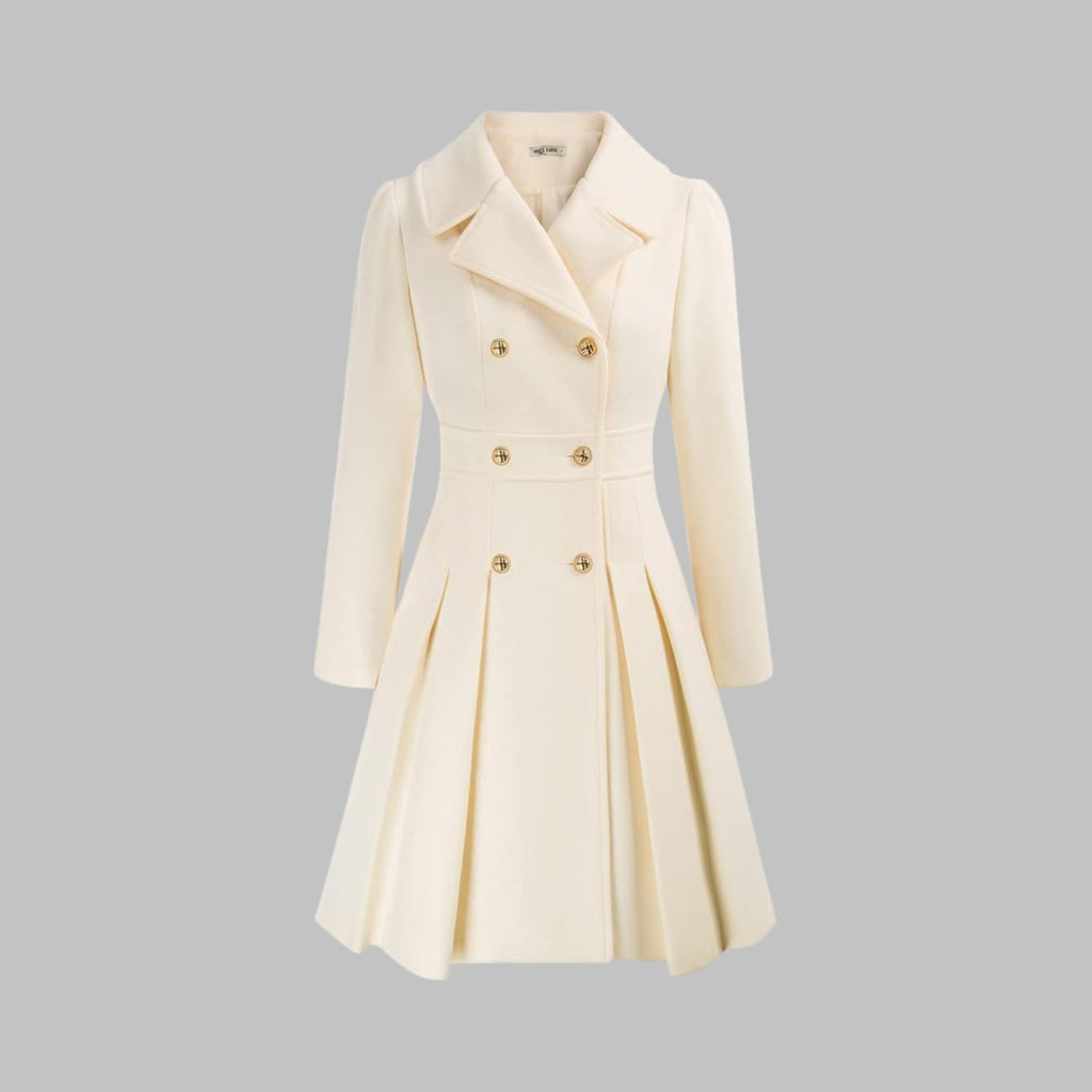 Women's Coat Double-Breasted Pleated A-Line Long Sleeve - White