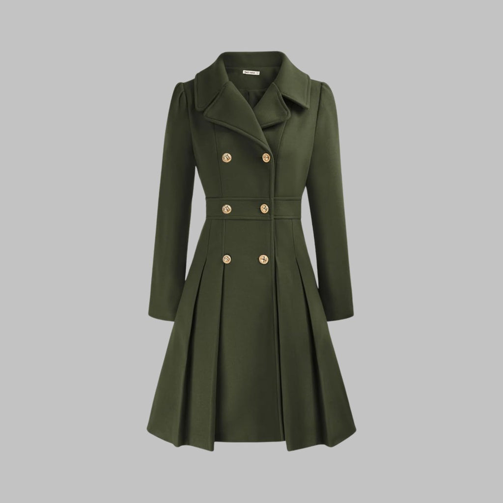 Women's Coat Double-Breasted Pleated A-Line Long Sleeve - Army Green