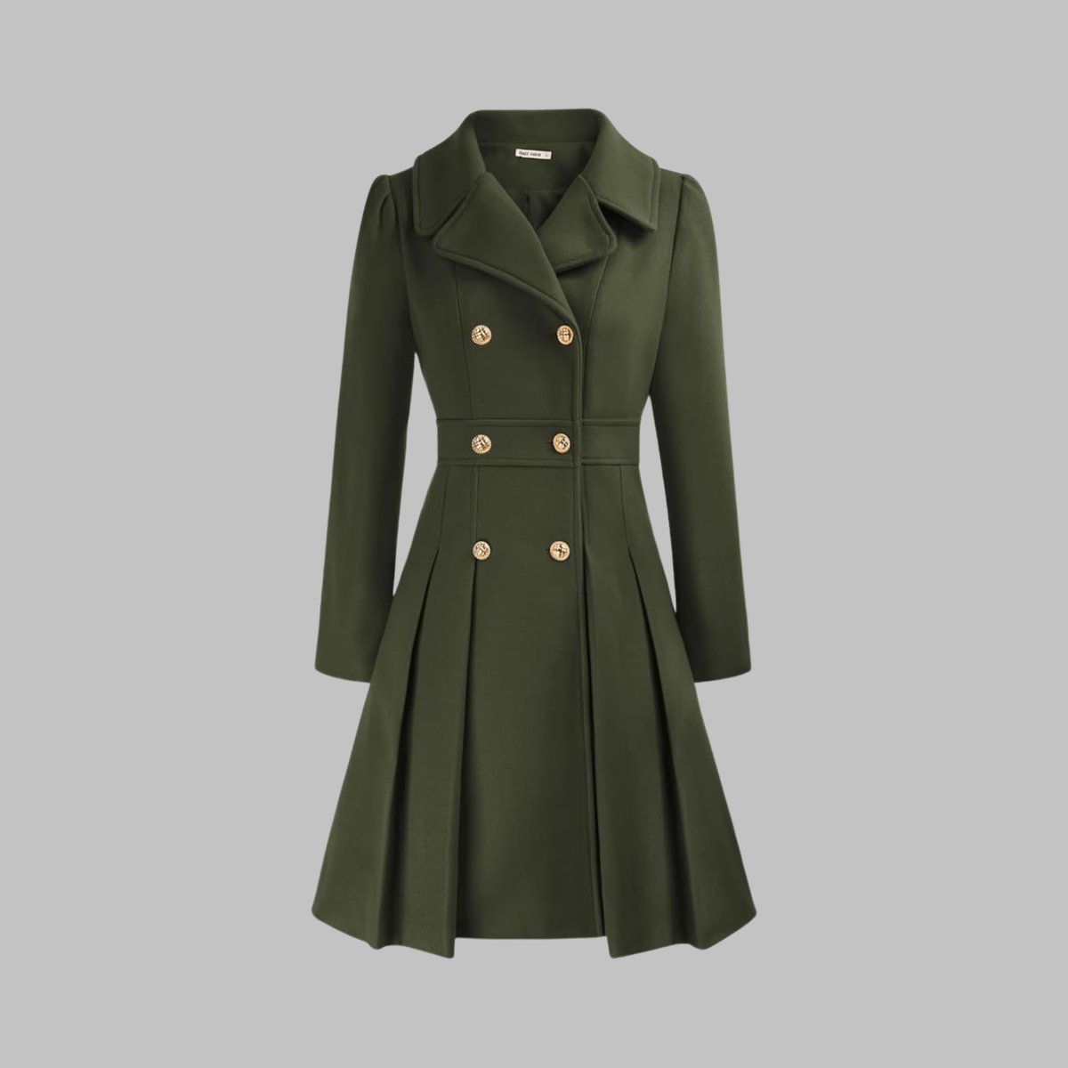Women's Coat Double-Breasted Pleated A-Line Long Sleeve - Army Green