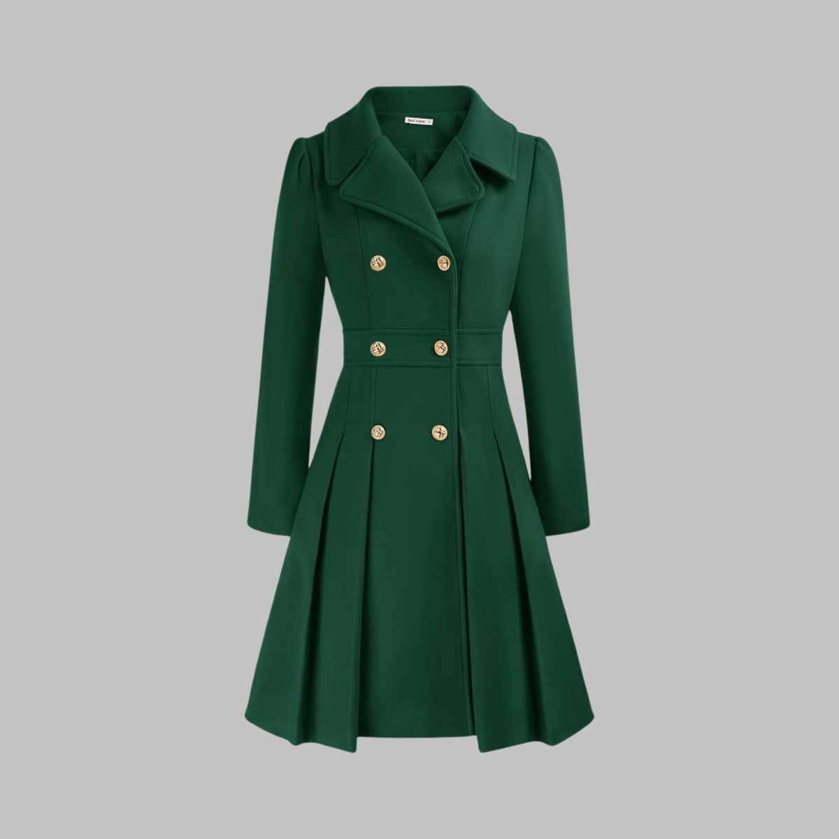 Women's Coat Double-Breasted Pleated A-Line Long Sleeve - Dark Green