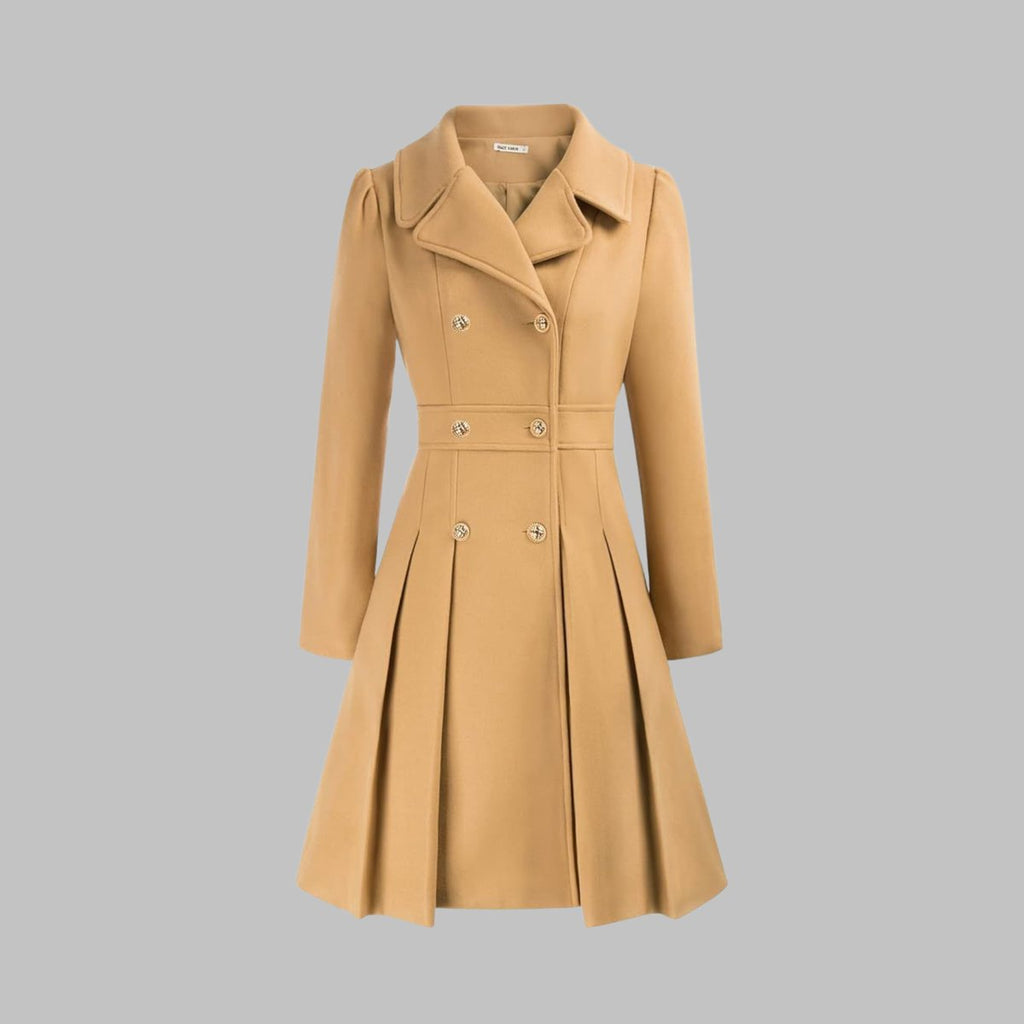 Women's Coat Double-Breasted Pleated A-Line Long Sleeve - Teal