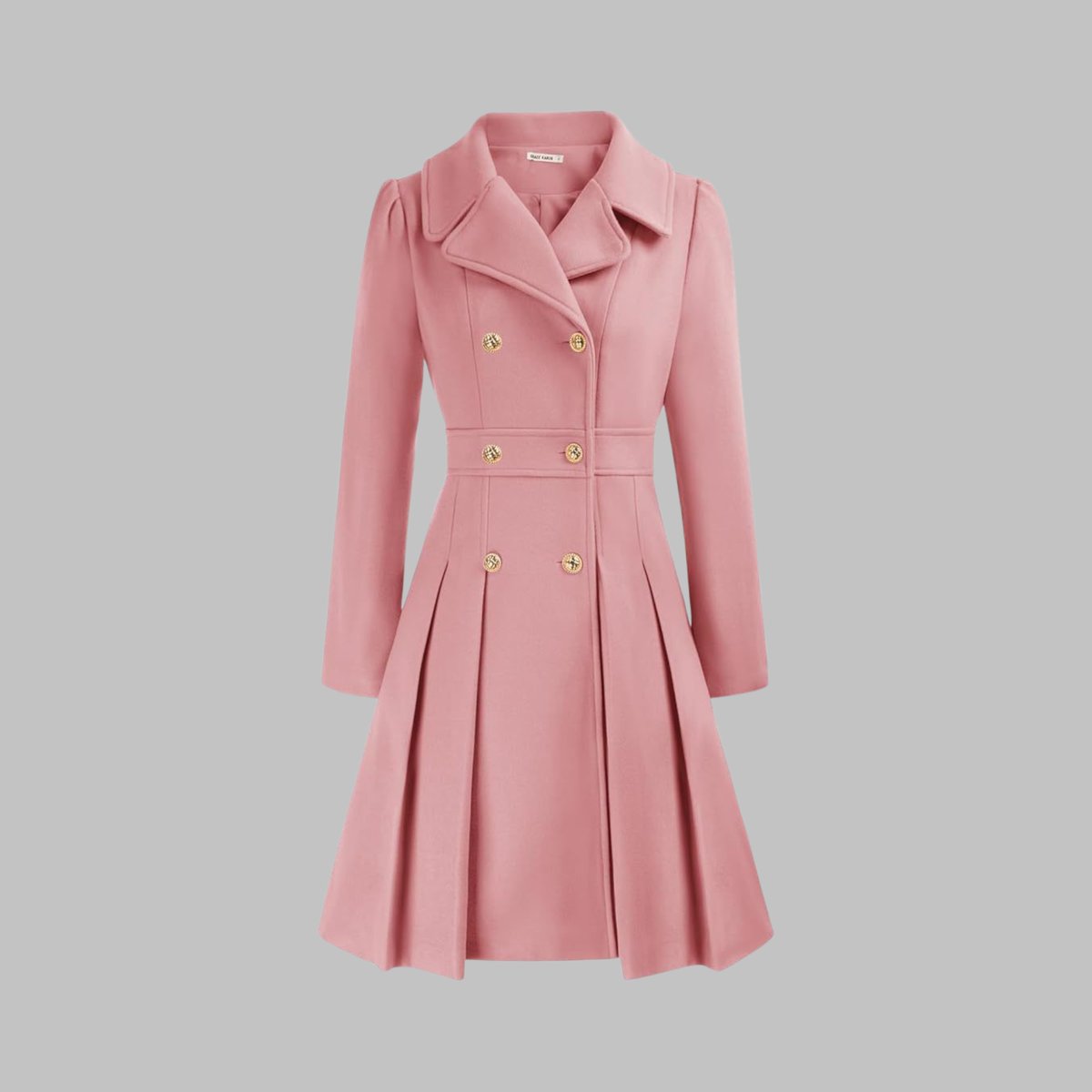 Women's Coat Double-Breasted Pleated A-Line Long Sleeve - Pink