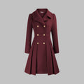 Women's Coat Double-Breasted Pleated A-Line Long Sleeve - Deep Red