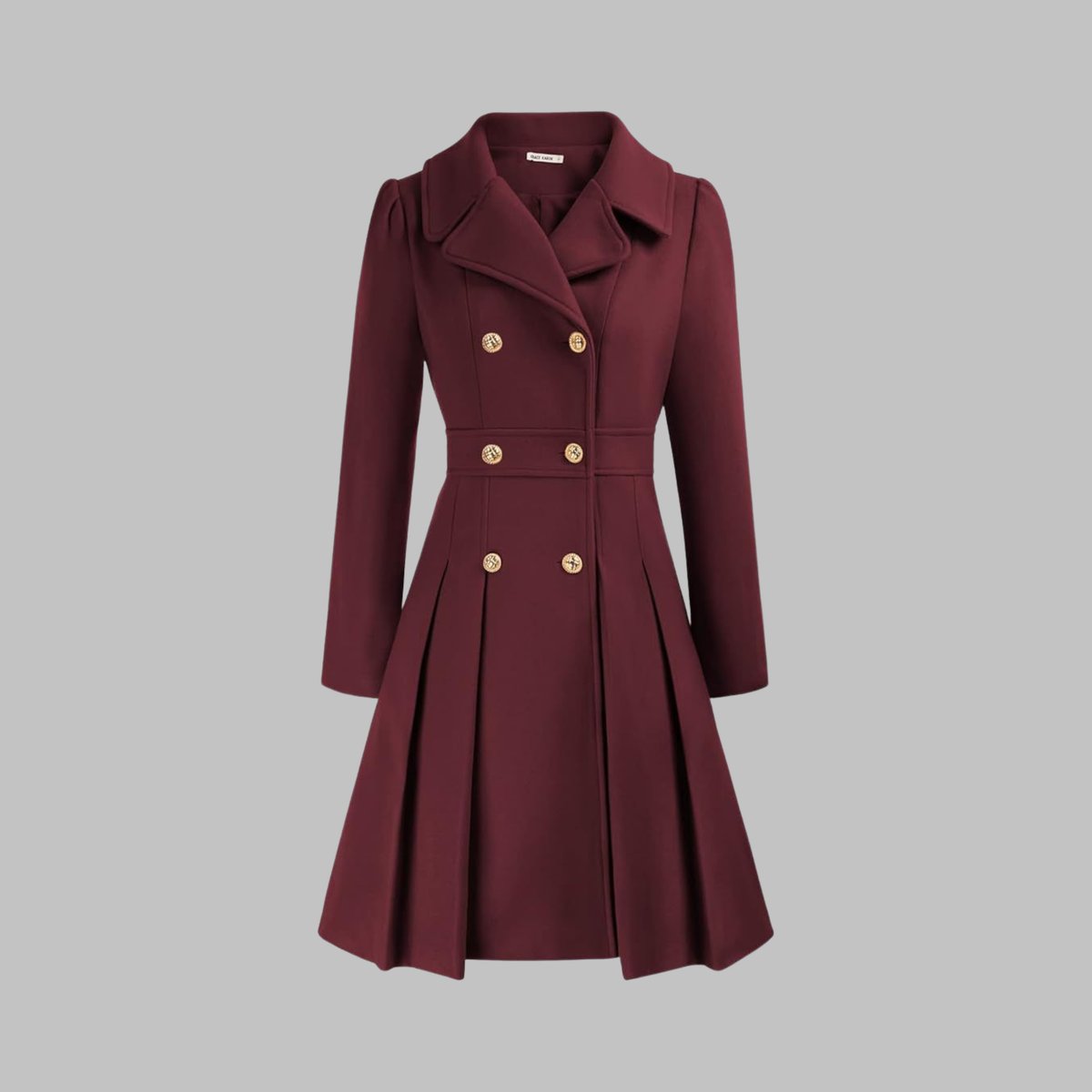 Women's Coat Double-Breasted Pleated A-Line Long Sleeve - Deep Red