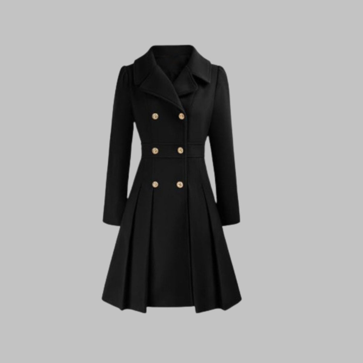 Women's Coat Double-Breasted Pleated A-Line Long Sleeve - Black