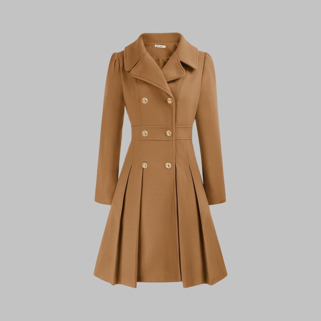 Women's Coat Double-Breasted Pleated A-Line Long Sleeve - Camel