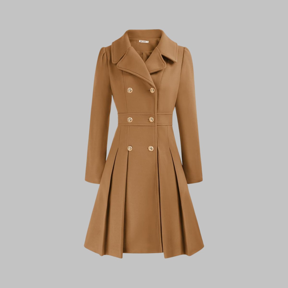 Women's Coat Double-Breasted Pleated A-Line Long Sleeve - Camel