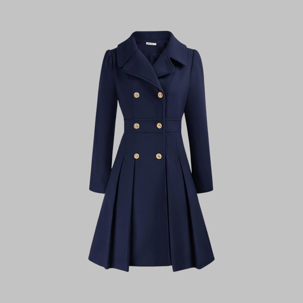 Women's Coat Double-Breasted Pleated A-Line Long Sleeve - Dark Blue