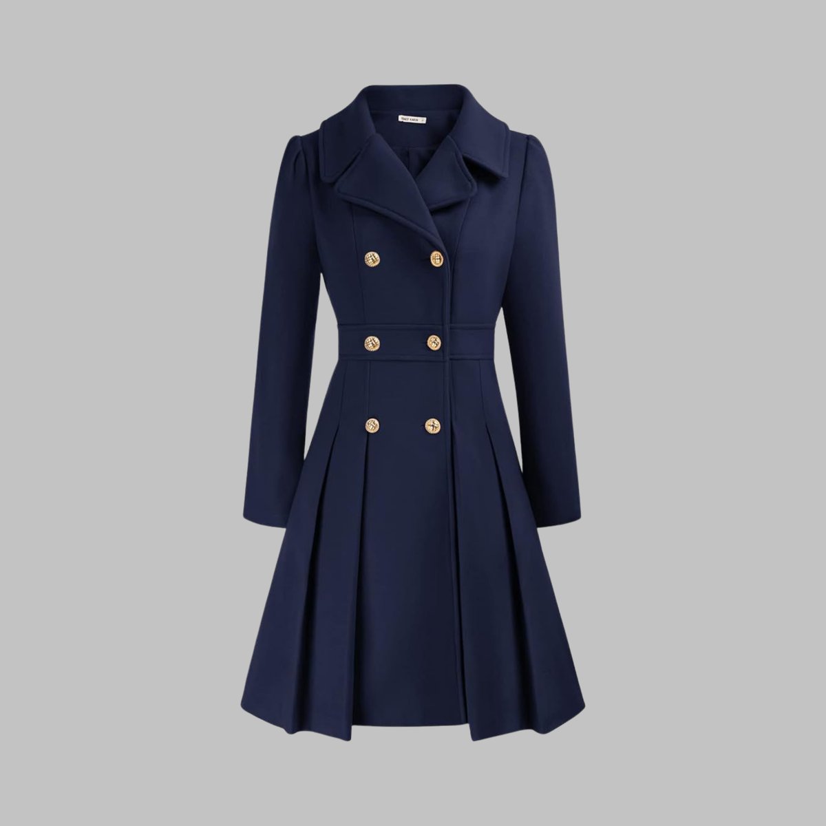 Women's Coat Double-Breasted Pleated A-Line Long Sleeve - Dark Blue