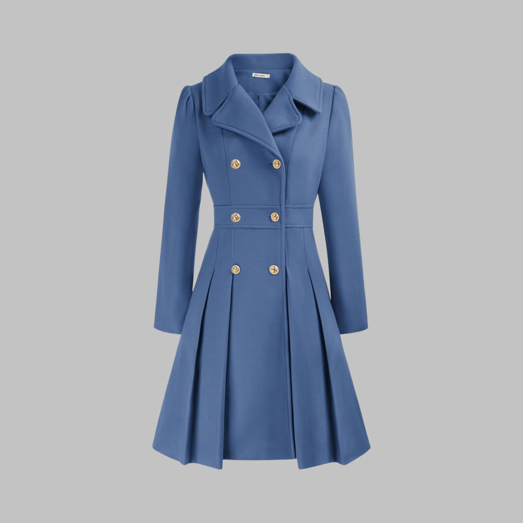 Women's Coat Double-Breasted Pleated A-Line Long Sleeve - Gray Blue