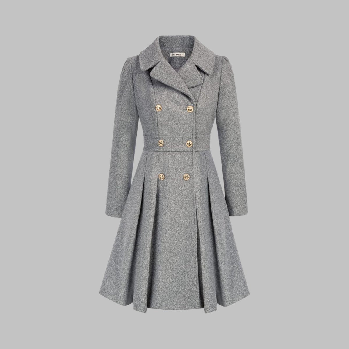 Women's Coat Double-Breasted Pleated A-Line Long Sleeve - Light Gray