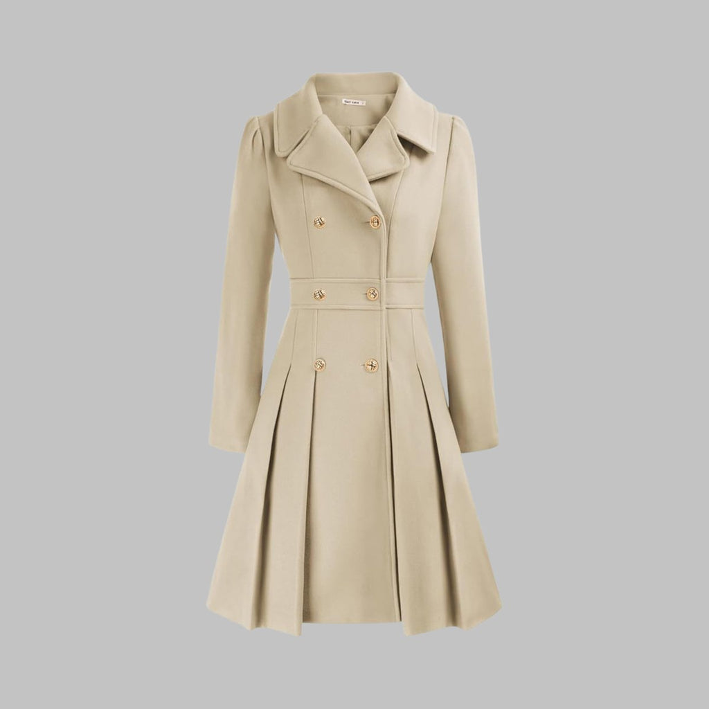 Women's Coat Double-Breasted Pleated A-Line Long Sleeve - Beige