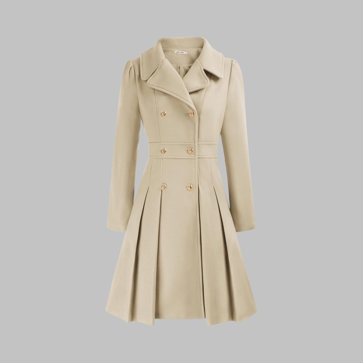 Women's Coat Double-Breasted Pleated A-Line Long Sleeve - Beige