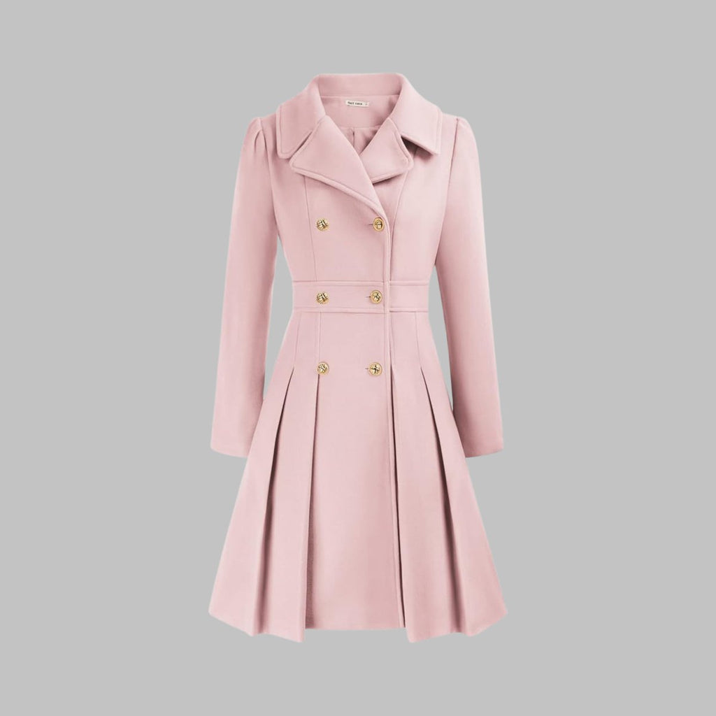 Women's Coat Double-Breasted Pleated A-Line Long Sleeve - Light Pink