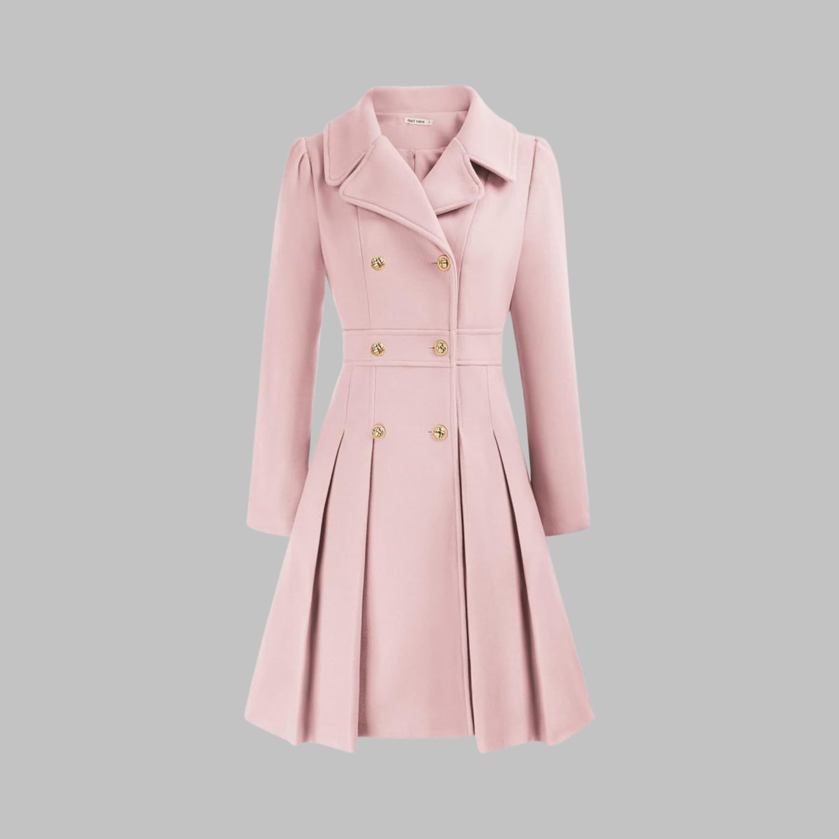 Women's Coat Double-Breasted Pleated A-Line Long Sleeve - Light Pink