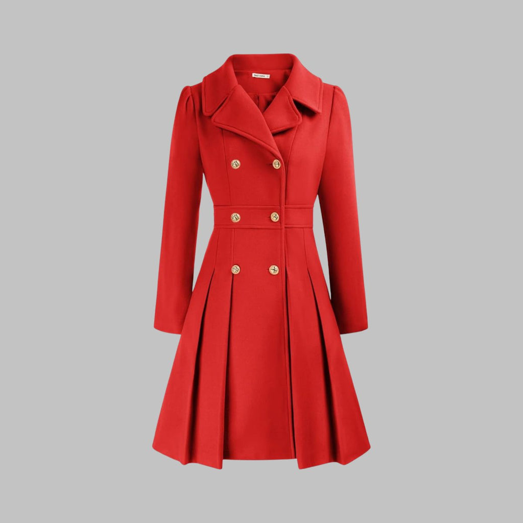Women's Coat Double-Breasted Pleated A-Line Long Sleeve - Orange