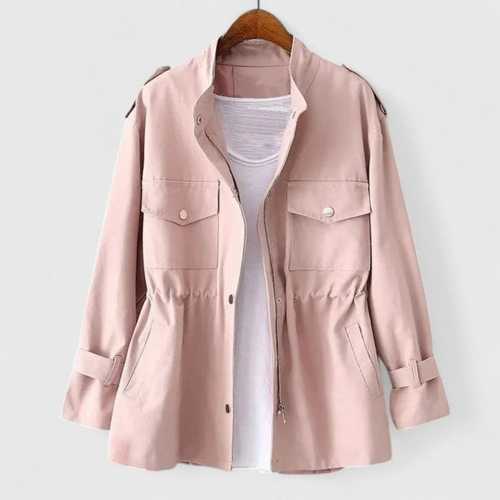 Women's Coat Drawstring-Waist Utility Jacket Stand Collar - Pink