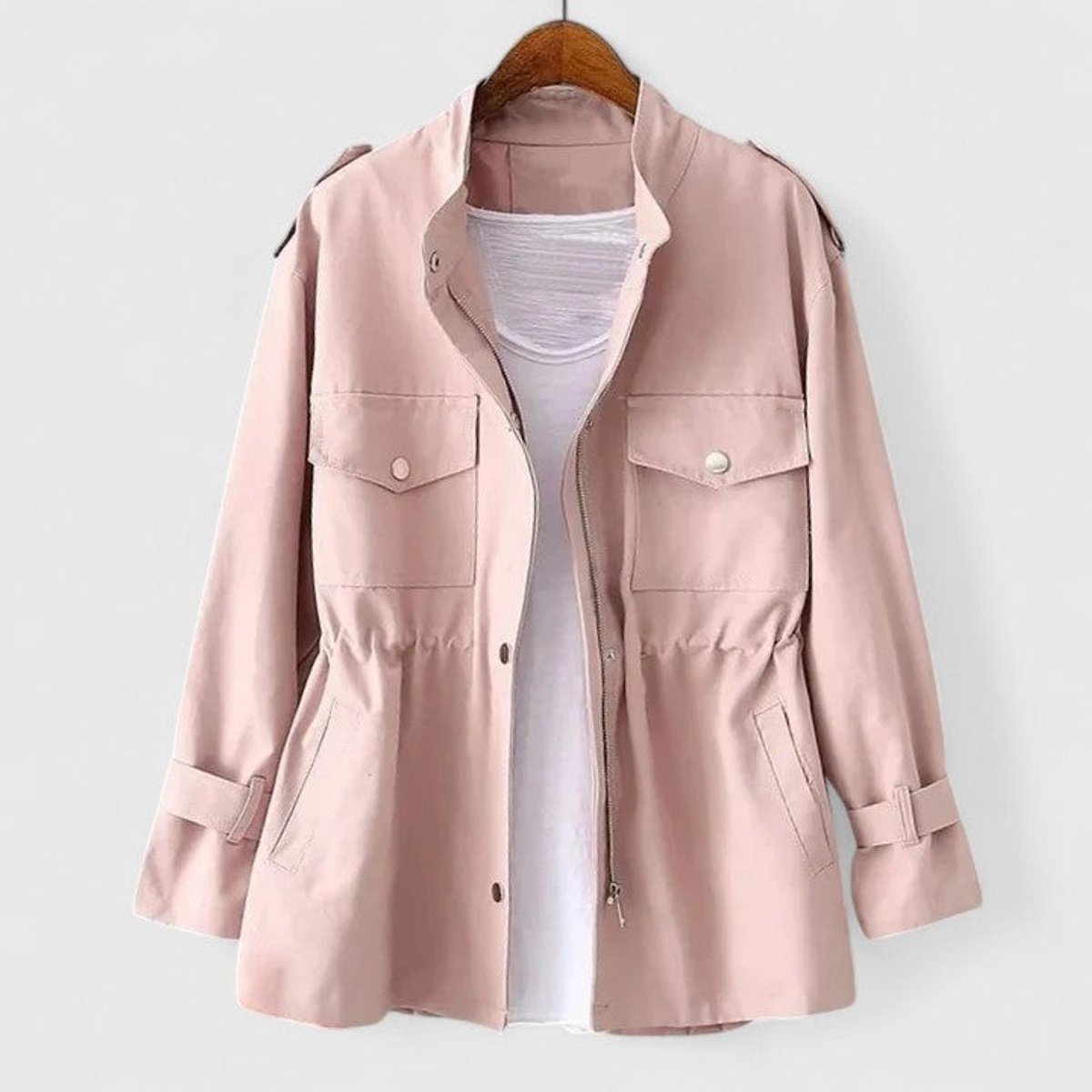 Women's Coat Drawstring-Waist Utility Jacket Stand Collar - Pink