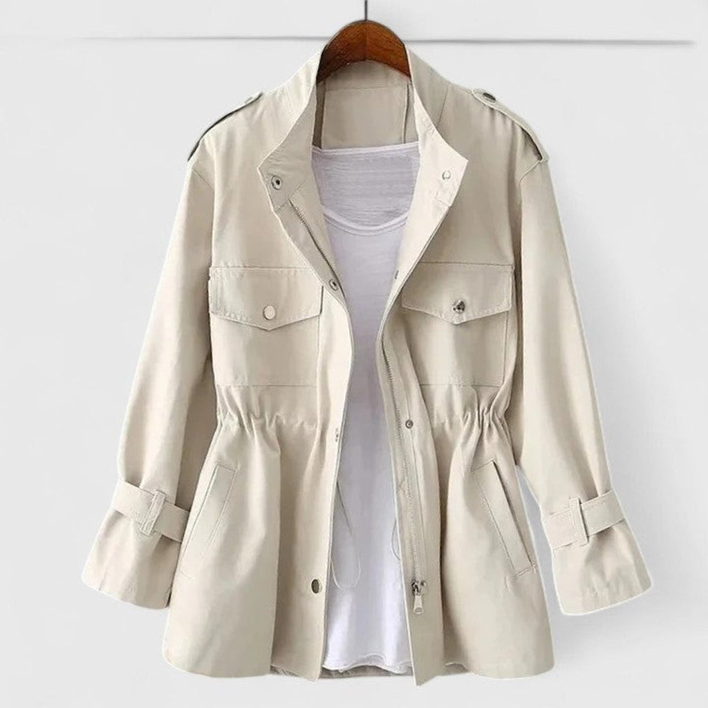 Women's Coat Drawstring-Waist Utility Jacket Stand Collar - Cream