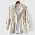 Women's Coat Drawstring-Waist Utility Jacket Stand Collar - Cream