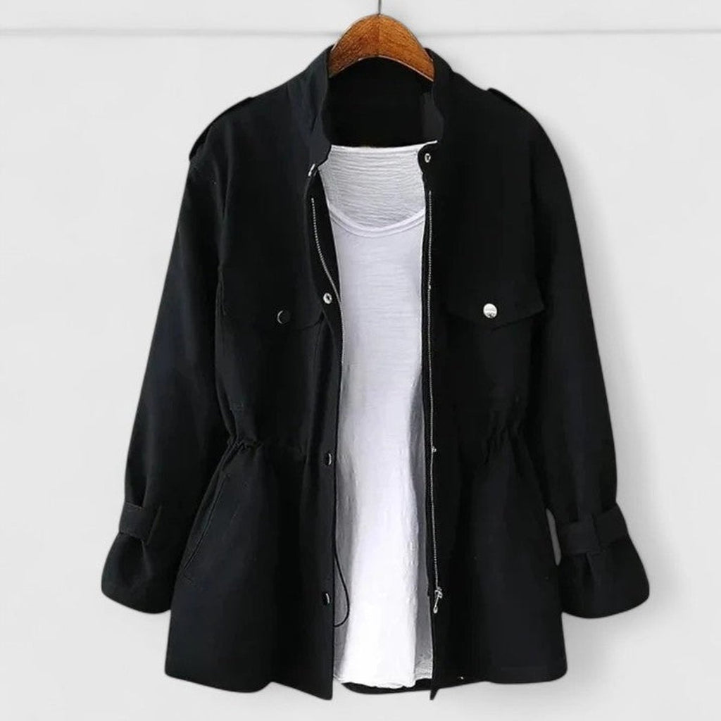 Women's Coat Drawstring-Waist Utility Jacket Stand Collar - Black