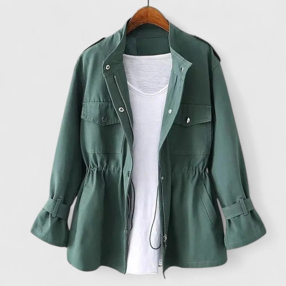 Women's Coat Drawstring-Waist Utility Jacket Stand Collar - Green