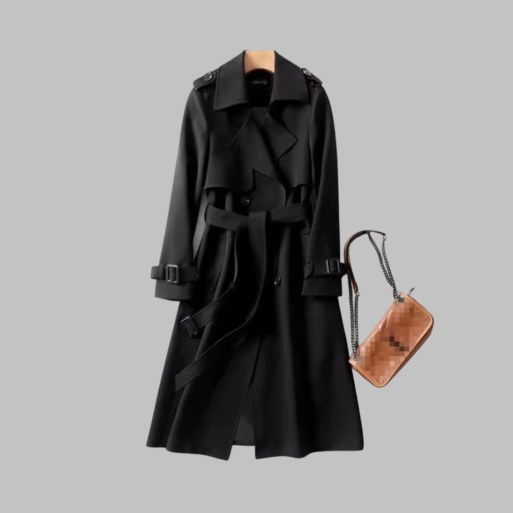 Women's Coat Elegant Knee-Length Double-Breasted Belted Trench - Black