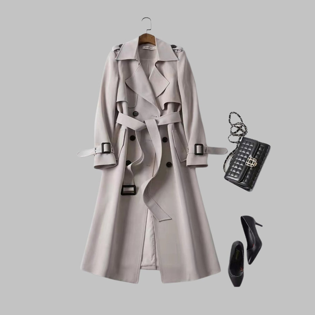 Women's Coat Elegant Knee-Length Double-Breasted Belted Trench - Khaki