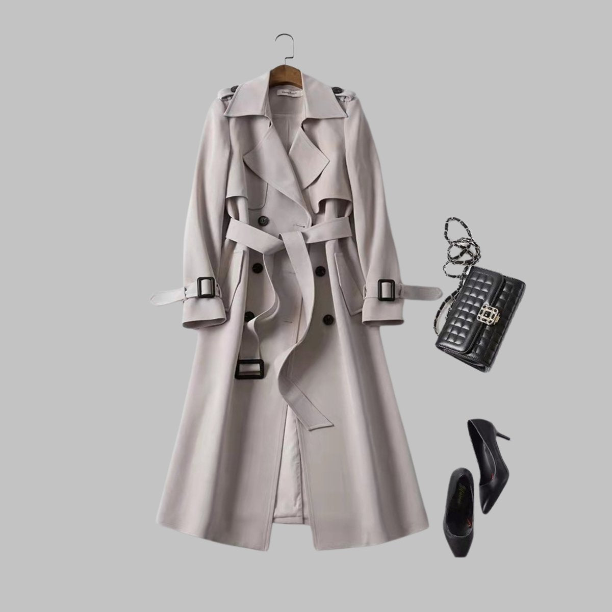 Women's Coat Elegant Knee-Length Double-Breasted Belted Trench - Khaki