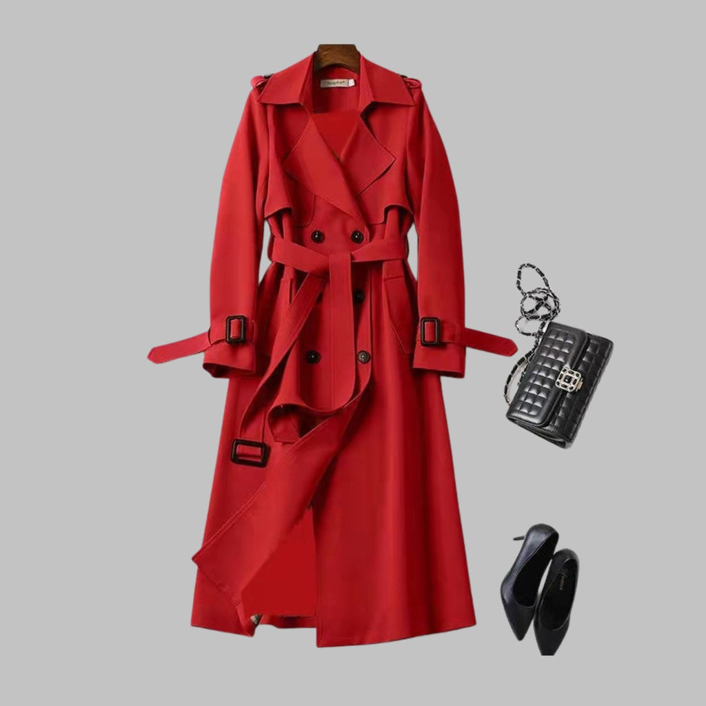 Women's Coat Elegant Knee-Length Double-Breasted Belted Trench - Red