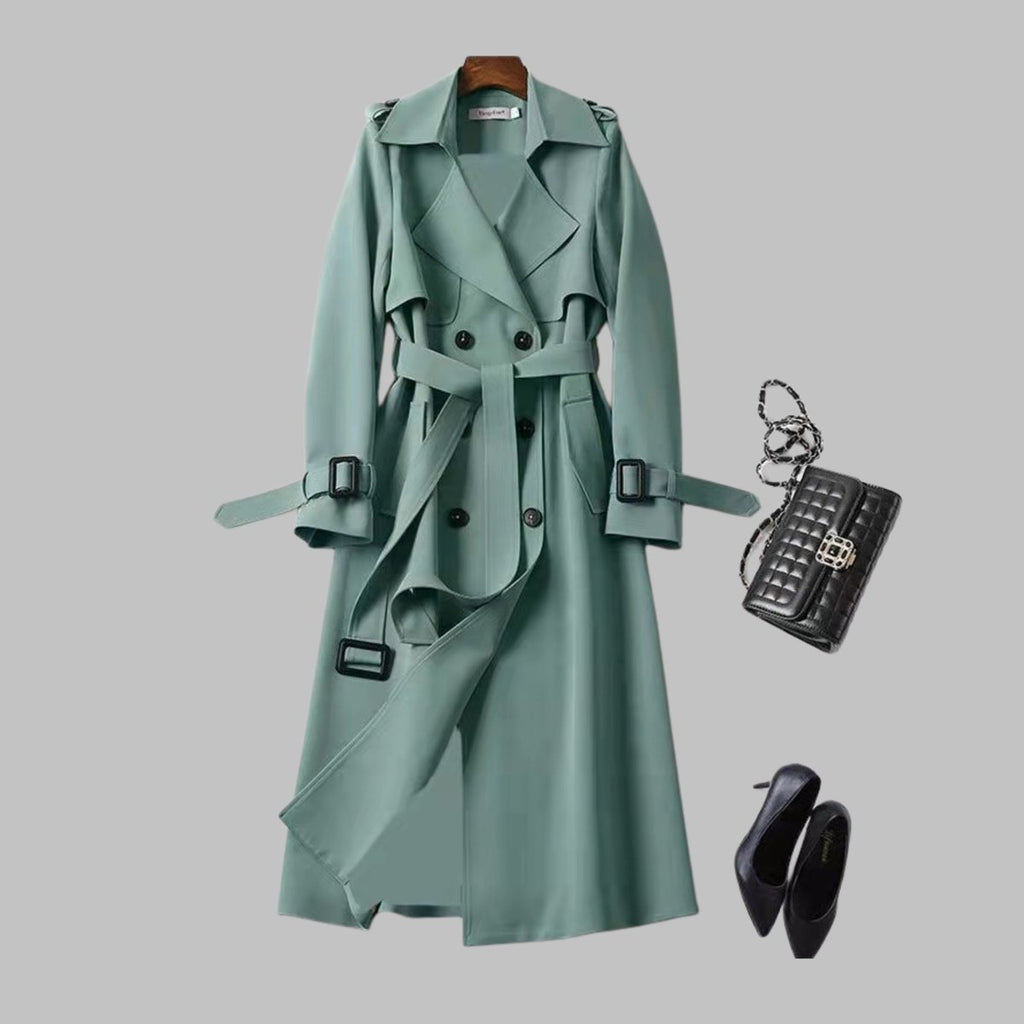 Women's Coat Elegant Knee-Length Double-Breasted Belted Trench - Green