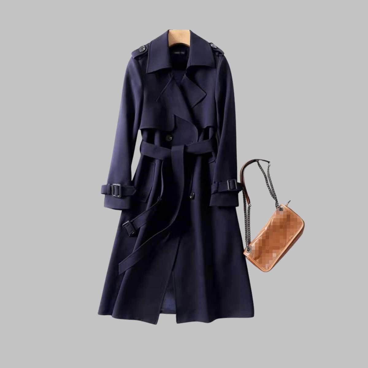 Women's Coat Elegant Knee-Length Double-Breasted Belted Trench - Navy Blue