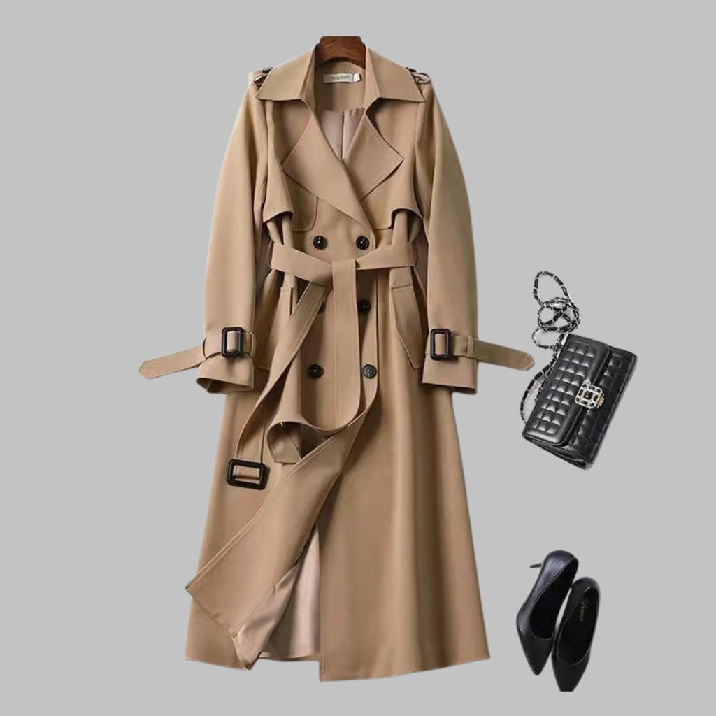 Women's Coat Elegant Knee-Length Double-Breasted Belted Trench - Beige