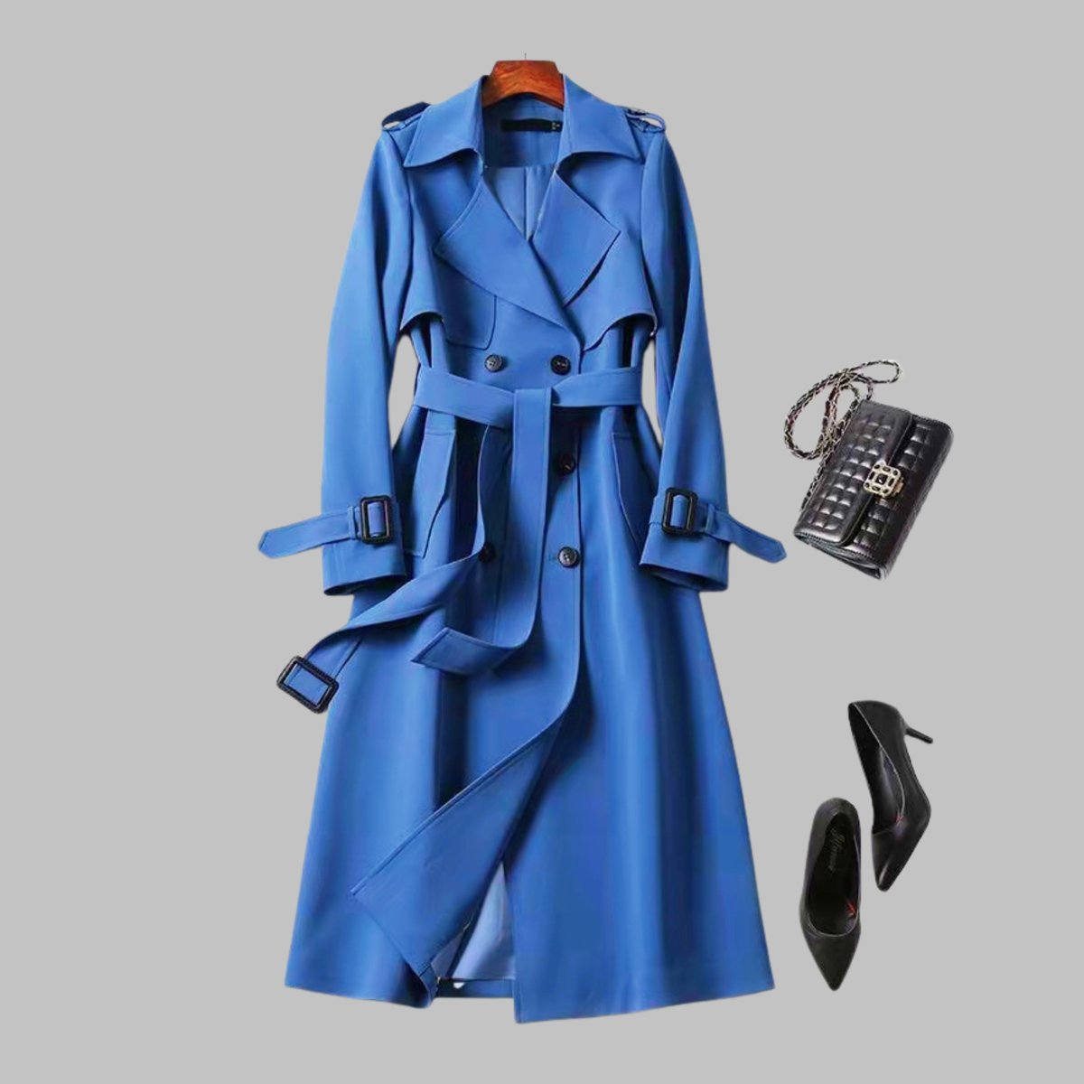 Women's Coat Elegant Knee-Length Double-Breasted Belted Trench - Blue