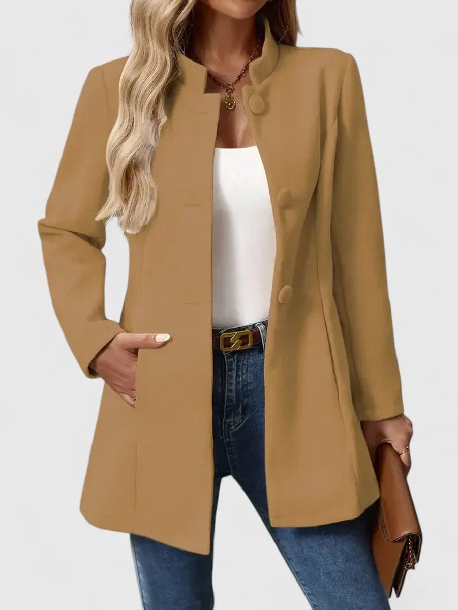 Women's Coat Elegant Stand-Collar Button-Front Blazer Jacket - Camel