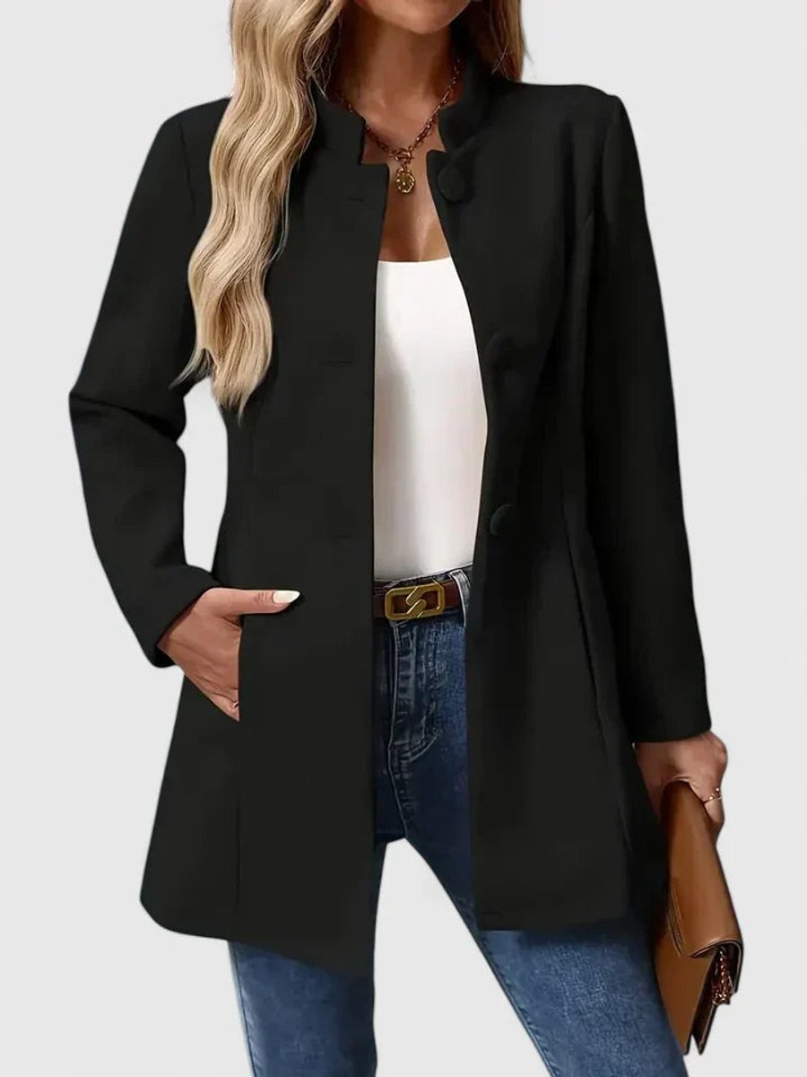 Women's Coat Elegant Stand-Collar Button-Front Blazer Jacket - Black